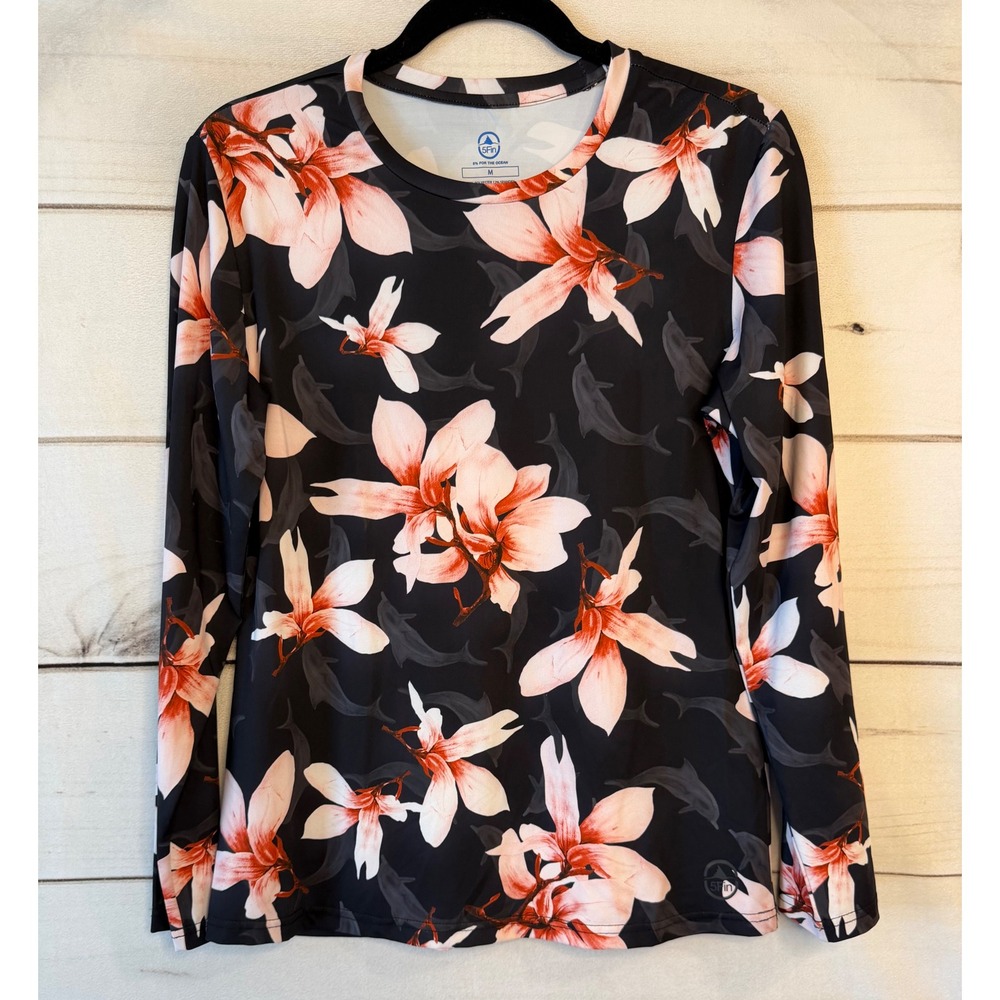 5Fin Womens Floral Shark Long Sleeve Performance Sun Shirt Rash Guard Black M